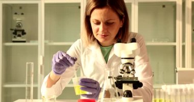 Kadın araştırmacı, mikroskop altında incelenmek üzere pipette idrar örneği alır. Laboratuvar incelemesi kavramı yavaş çekim