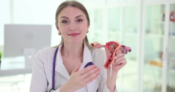 講義で人工子宮のモデルを示す女性スペシャリスト ユニフォームの婦人科医は 実験室の学生のための女性の生殖器を示しています — ストック動画