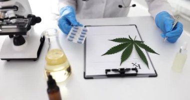 Bilim adamı psikoaktif marihuana ilacından yapılan hapların laboratuvar araştırmasını elinde tutuyor. Asistanı haplar hakkında rapor yazıyor.