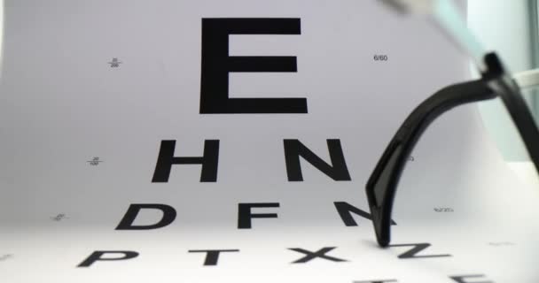 Brýle Umístěné Papíře Snellenova Diagramu Pro Měření Zrakové Ostrosti Zdravotnické — Stock video