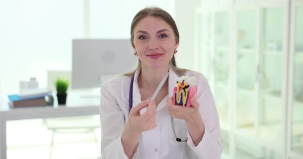 Dentista Muestra Caries Los Dientes Artificiales Los Métodos Tratamiento Tratamiento — Vídeos de Stock