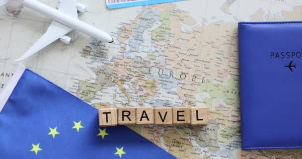 Letecký Pas Vlajka Evropské Unie Mapě Evropy Cestovní Ruch Rekreace — Stock video