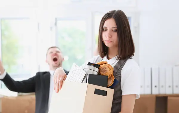 Angry Yelling Boss Point Arm Exit Dismissing Sad Worker Stuff — Stock Photo, Image