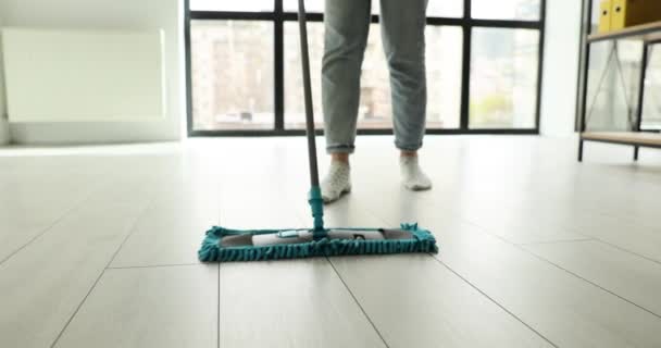 Housewife Washing Laminate Floor Mop Home Closeup Movie Slow Motion — Stock Video