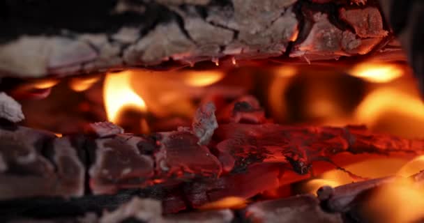 Quemaduras Fuego Chimenea Carbón Extrae Lentamente Carbones Cenizas Rojo Vivo — Vídeos de Stock