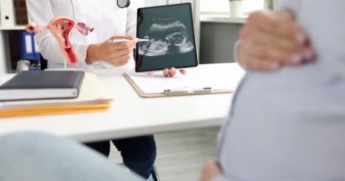 Jinekolog, çocuğun ultrason taramasının sonucunu tıbbi randevuda hamile bir kadına gösteriyor. Hamilelik konsepti sırasında inceleme planı
