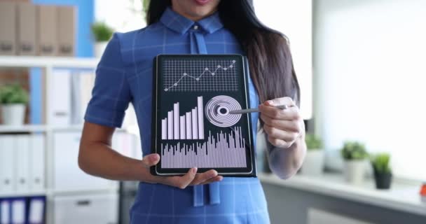 Vedoucí Žena Drží Tablet Obchodními Mapami Tabletu Drží Obchodní Analytické — Stock video