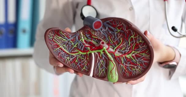 白衣の医者は肝斑を持っている 肝疾患の症状 徴候と診断の概念 — ストック動画