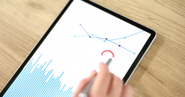 Marketingový Analytik Nebo Klient Kreslí Otazník Finanční Statistický Graf Tabletu — Stock video