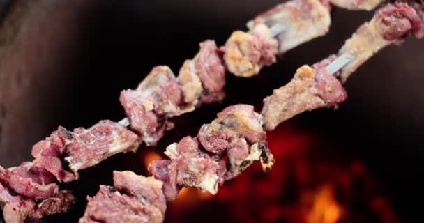 Frigărui Suculent Carne Proaspătă Coaste Grătar Carnea Iepure Miel Brut — Videoclip de stoc