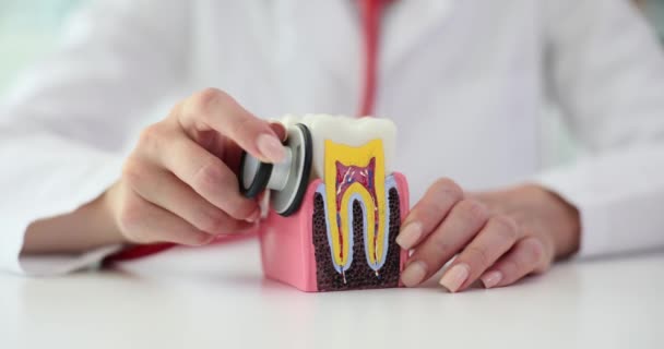 Dentista Escucha Los Dientes Con Estetoscopio Para Obtener Atención Médica — Vídeo de stock