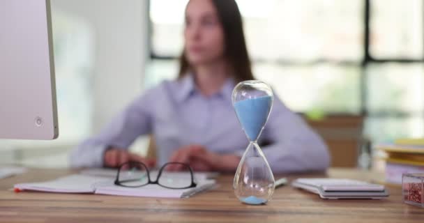 Business Woman Keeps Track Time Using Hourglass Working Time Management — Stock Video