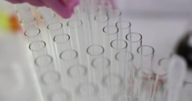 Bilim adamı laboratuardaki şeffaf test tüplerini çıkarıp kontrol ediyor. Tıbbi kimyasal araştırma