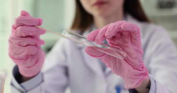 医生在实验室拿着试管和棉签 手里拿着医用手套 Dna专门知识基因工程 — 图库视频影像
