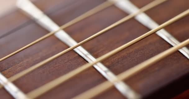 Closeup Wooden Guitar Strings Movie Slow Motion Acoustic Musical Instruments — Vídeo de Stock