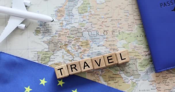 Pașaportul Avion Pavilionul Uniunii Europene Harta Vizelor Schengen Europei Turism — Videoclip de stoc