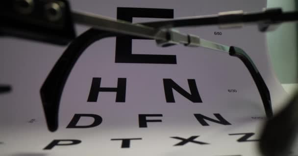 Δοκιμή Καρέ Για Οφθαλμολογικό Διάγραμμα Και Γυαλιά Λευκό Τραπέζι Όργανα — Αρχείο Βίντεο