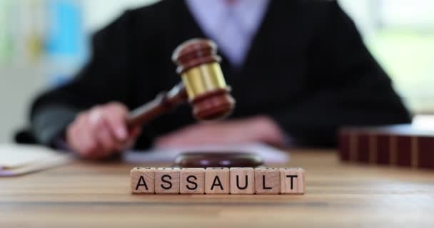 Word Assault Judge Hits Gavel Judgment Verdict Crime — Stock Video
