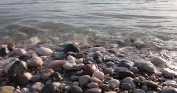 Морские Волны Гальке Пляже Течение Дня Морские Волны Моют Пляжную — стоковое видео