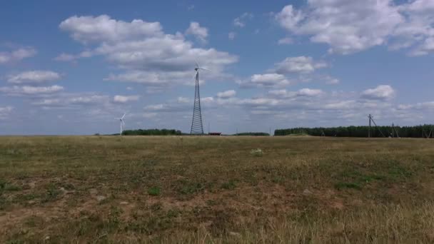 電界や森林を背景にした風力発電機 再生可能エネルギーと環境に優しいエネルギーの概念 4Kビデオ映画 — ストック動画
