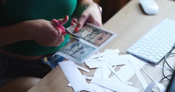 Counterfeiter Cuts Dollar Bills Scissors Table Closeup Concept Fake Money — Vídeo de stock