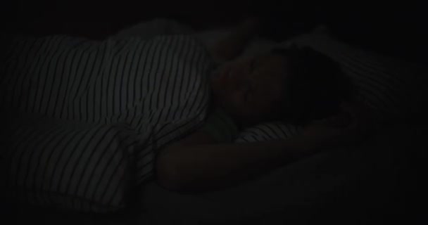 Young Woman Wakes Night Bright Flashing Light Woman Insomnia Sleep — Stockvideo