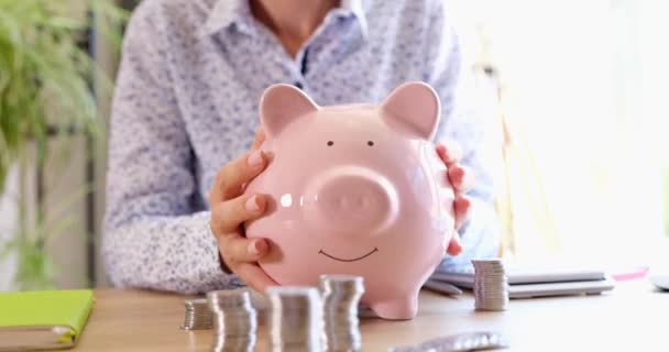Happy Successful Woman Shakes Piggy Bank Full Financial Growth Profitable — Vídeos de Stock