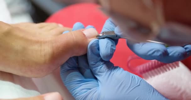 Pedicurist Cuts Cuticle Woman Toenails Manicure Pedicure Nippers Removing Cuticle — Stockvideo