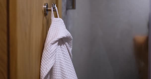 White Robe Hook Naked Woman Taking Relaxing Shower Morning Evening — Vídeo de Stock