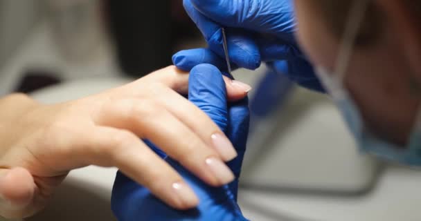 Manicurist Blue Gloves Covers Female Nails Colorless Varnish Manicure Nail — Video