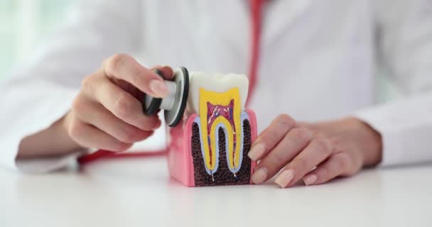 Tand Stethoscoop Handen Van Tandarts Tandheelkundige Zorg Bieden Tandheelkundige Diagnostiek — Stockvideo