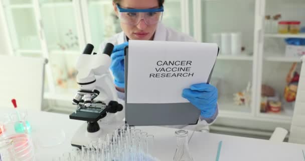 研究室におけるワクチンと癌の効果を研究する科学者 実験室における腫瘍学研究 — ストック動画