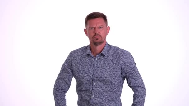 Angry Man Shows Gesture Danger Threat Palm Neck Warns Rage — Stock Video