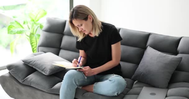Toegewijde Vrouwelijke Werknemer Noteert Wekelijkse Plannen Notitieboekje Bank Thuis Lady — Stockvideo