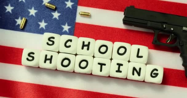 Phrase School Shooting Cubes Background Usa Flag Gun Bullets Crime — Stock Video