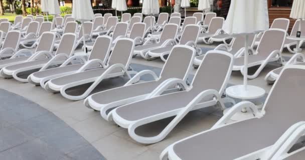 阳光轻盈的休憩者在酒店附近的游泳池为游客开放 在游泳池附近休息和晒日光浴的豪华场所的概念 — 图库视频影像