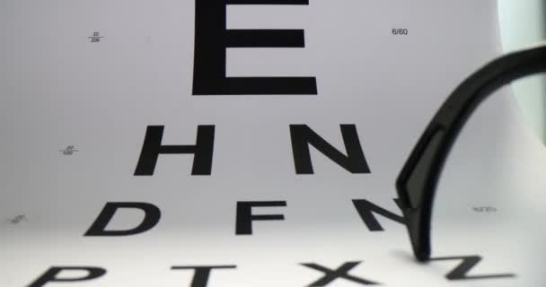 Glasögon Papper Snellen Diagram För Att Mäta Synskärpa Medicinsk Utrustning — Stockvideo