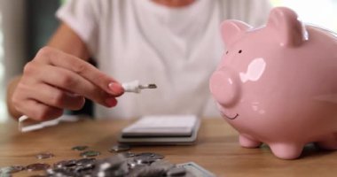 Hands connect an electric cable to the piggy bank, close-up, slowmotion. Alternative energy, saving electricity