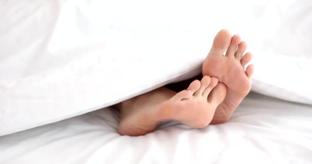 Feet One Person White Warm Blanket Close Slowmotion Comfortable Bed — Wideo stockowe