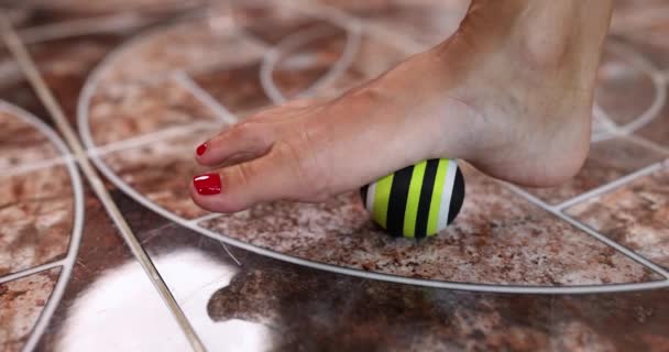 Womens Barefoot Foot Rocks Ball Floor Slowmotion Closeup Massage Ball — Stock video