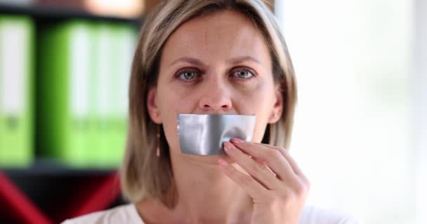 Woman Office Removes Sticky Tape Mouth Close Concept Freedom Speech — Video Stock
