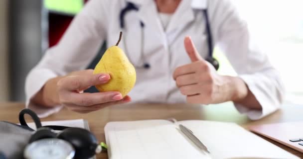 Young Female Hands Doctor Hold Fruit Show Gesture Finger Close — Stockvideo