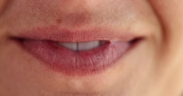 Macro Female Smiling Mouth Slowmotion White Teeth Natural Lips Cosmetics — Stockvideo