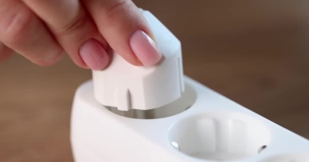 Female Hands Include White Electric Plug Socket Close Slowmotion Electricity — Videoclip de stoc