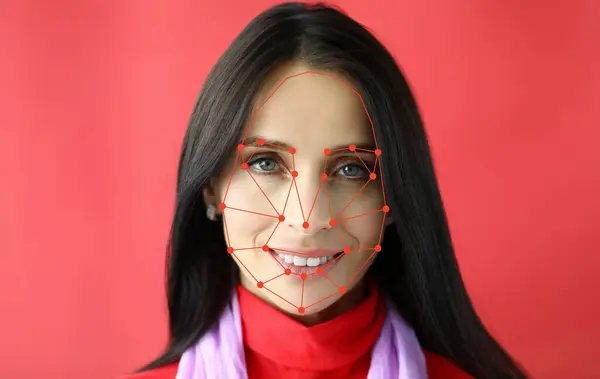 Biometric verification smiling woman portrait on red background. People tracking search concept. Neural visual networks usage