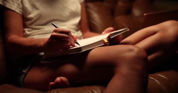 Kobieta Siedzi Kanapie Pisze Notatki Albo Planuje Jutro Wieczorem Wpisy — Wideo stockowe