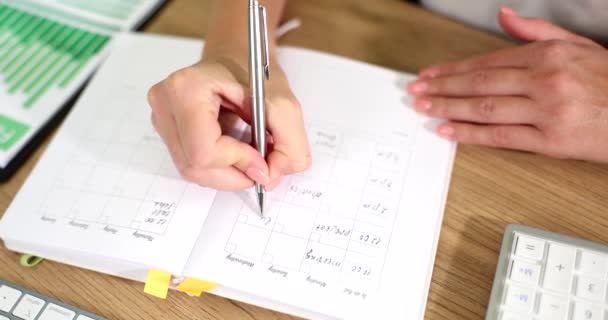 Mulher Escreve Notas Lista Afazeres Diário Para Planejamento Orçamentário Reuniões — Vídeo de Stock