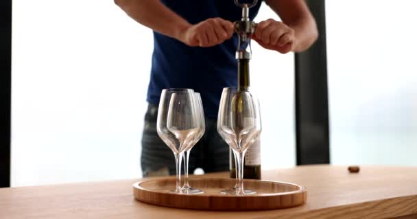 Male Sommelier Opens Bottle Wine Corkscrew Tasting Elite Wines Romantic — Stock Video