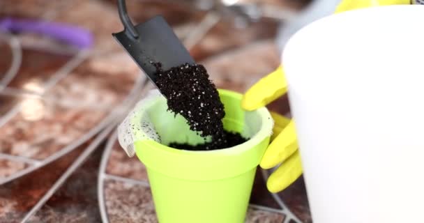 女人的手把泥土从铲子倒进花盆里 移栽花卉的土壤准备和家庭园艺概念 — 图库视频影像