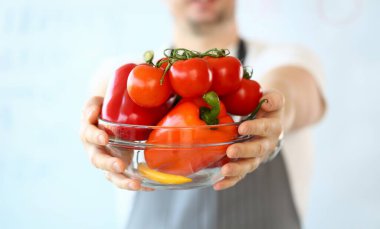 Cook Blogger Holding Kırmızı Sebze Çeşitleri. Taze ve Olgun Domates, Biber ve Sarı Biber Kase. Şef Elinde Malzemeler Holding. Mutfak Tarifi Blog. Sağlıklı Vejetaryen Yaşam Tarzı.